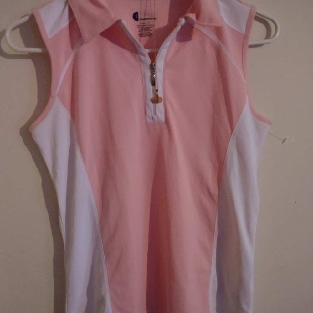 Izod zipper sleeveless pink and white workout top
